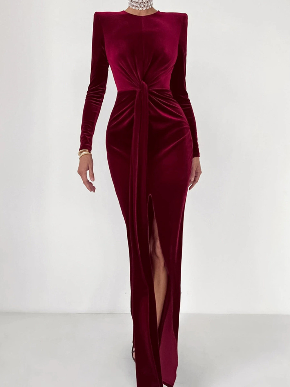 ZARA Angora Red Women Winter French Velvet Slit Sexy Mature Elegant Dress